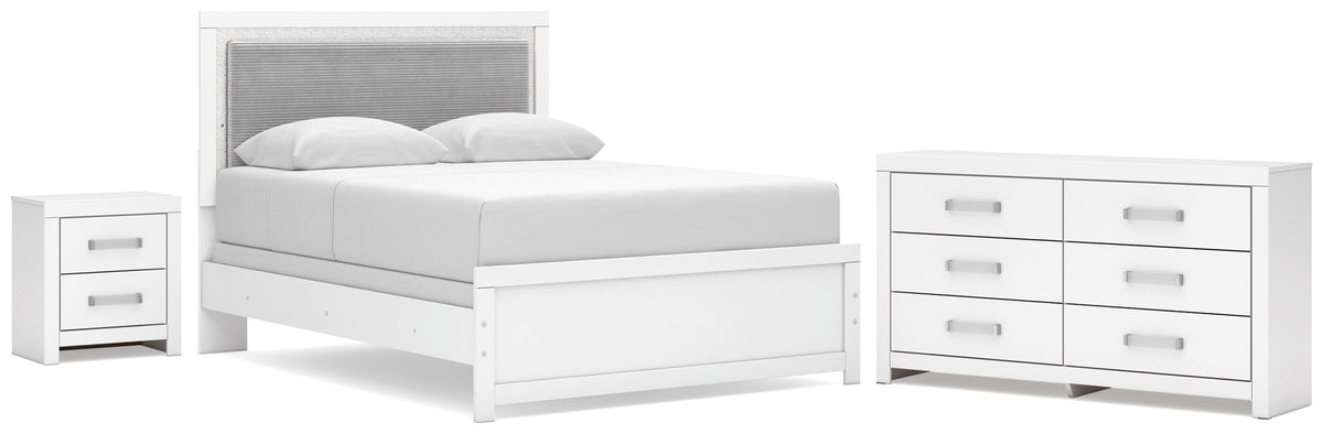 Maeling Queen Upholstered Panel Bed, Dresser and Nightstand