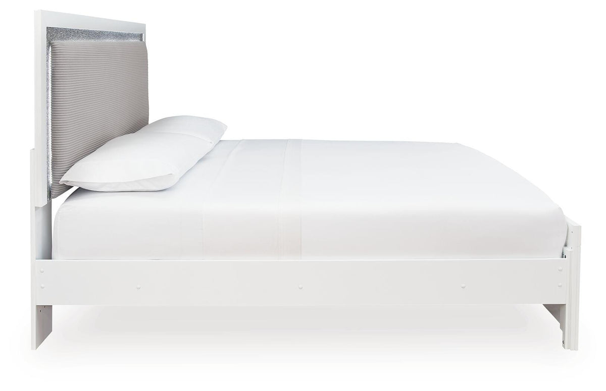 Maeling Queen Upholstered Panel Bed, Dresser, Mirror and Nightstand