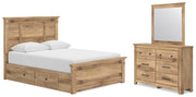 Makidern Queen Panel Bed with Storage, Dresser and Mirror