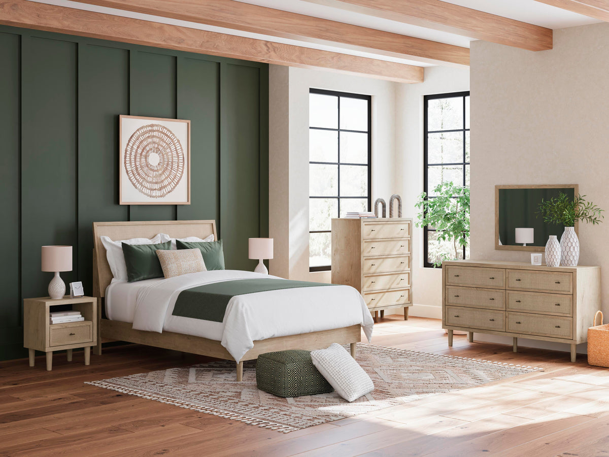 Cielden Panel Bed Set - Queen, Mirrored Dresser, Chest and 2 Nightstands