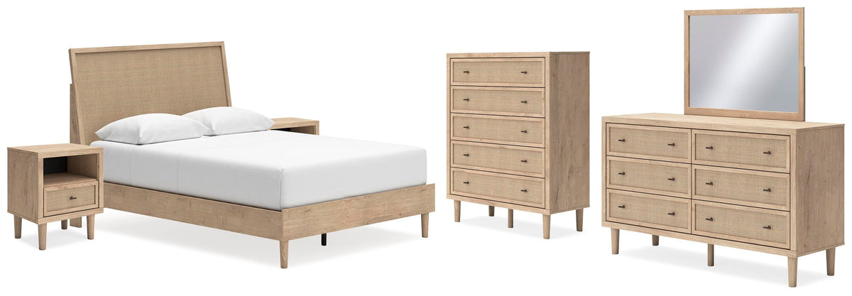 Cielden Panel Bed Set - Queen, Mirrored Dresser, Chest and 2 Nightstands