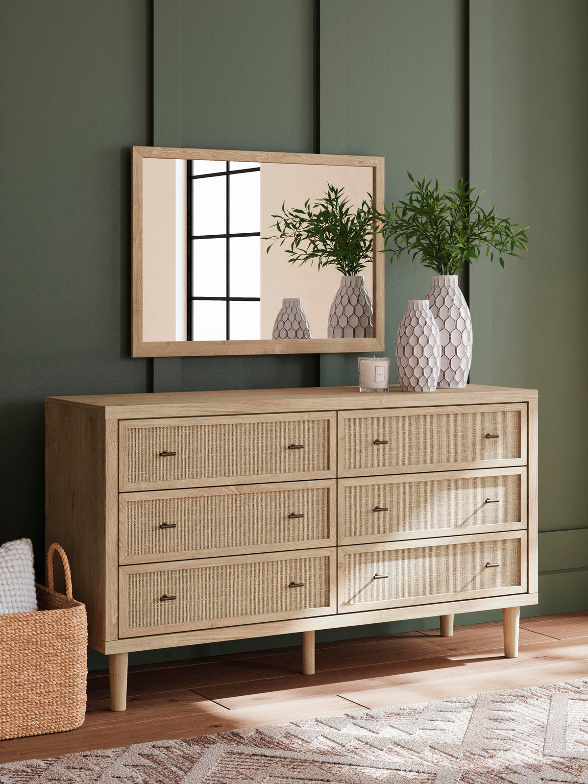 Cielden Queen Upholstered Bed, Dresser and Mirror