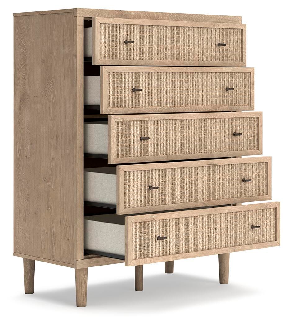 Cielden Upholstered Panel Bed Set - Mirrored Dresser, Chest and 2 Nightstands