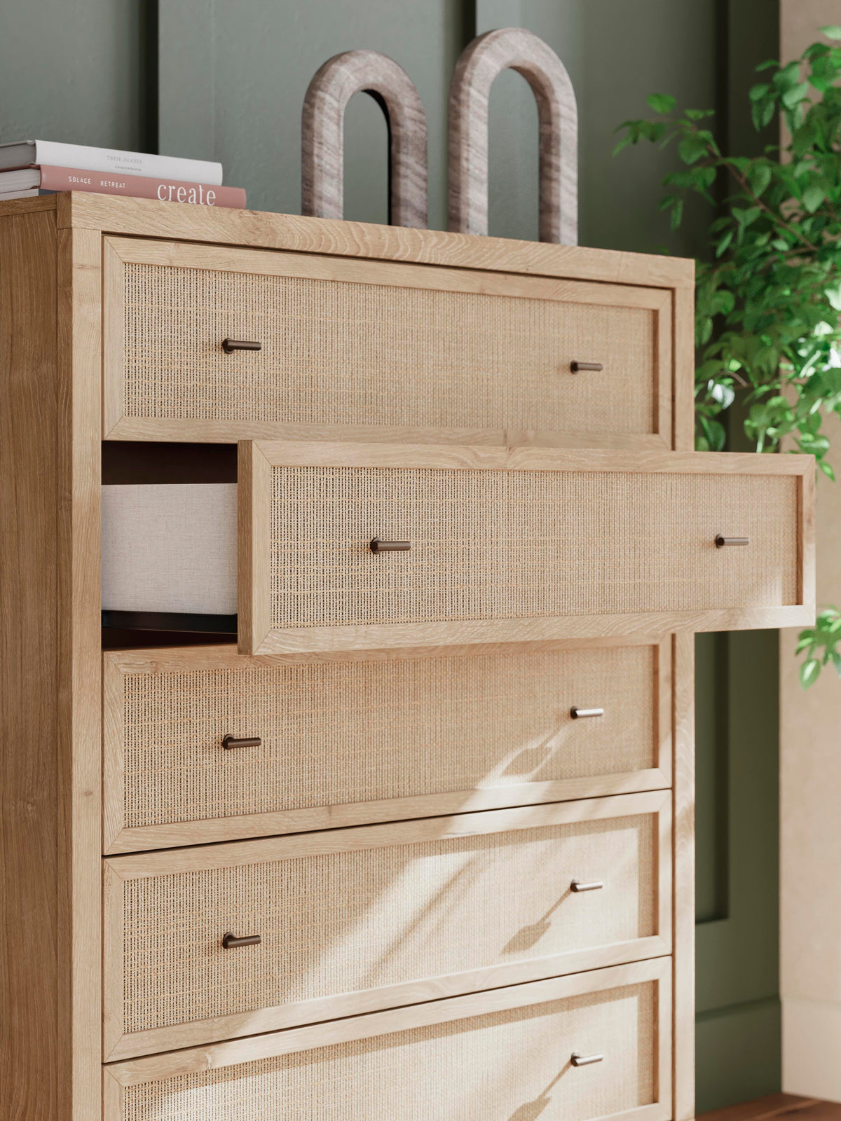 Cielden Upholstered Panel Bed Set - Mirrored Dresser, Chest and 2 Nightstands