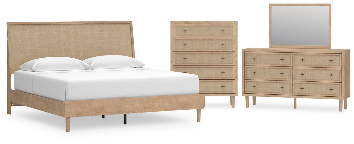 Cielden Panel Bed Set - King, Mirrored Dresser and Chest