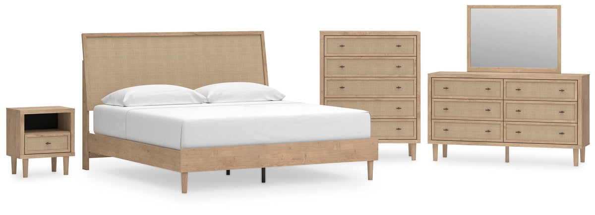Cielden Panel Bed Set - King, Mirrored Dresser, Chest and Nightstand