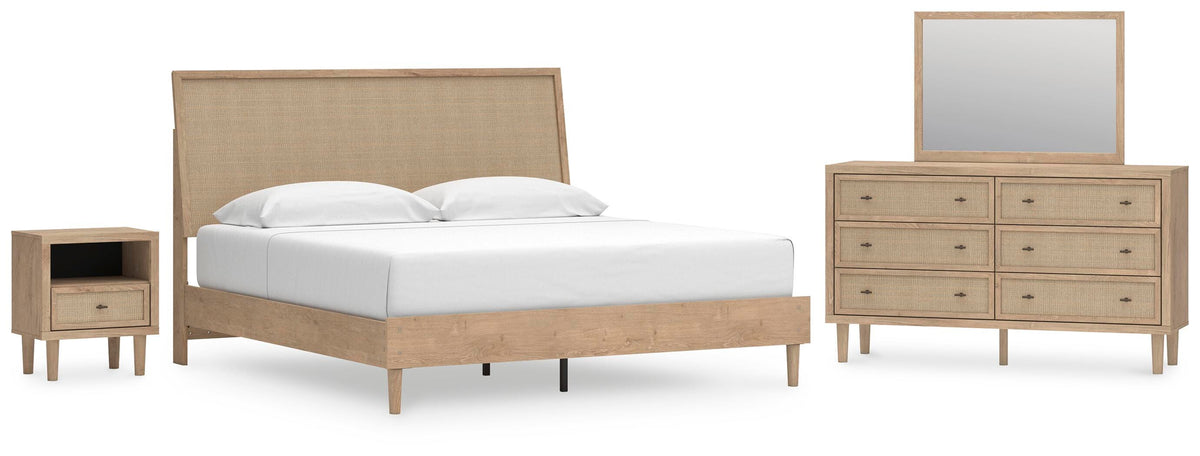 Cielden Panel Bed Set - King, Mirrored Dresser and Nightstand