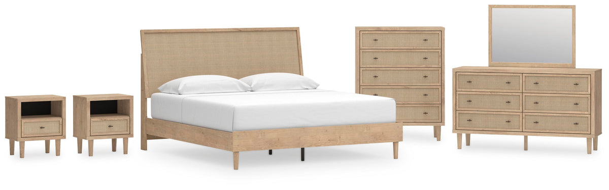 Cielden Panel Bed Set - King, Mirrored Dresser, Chest and 2 Nightstands