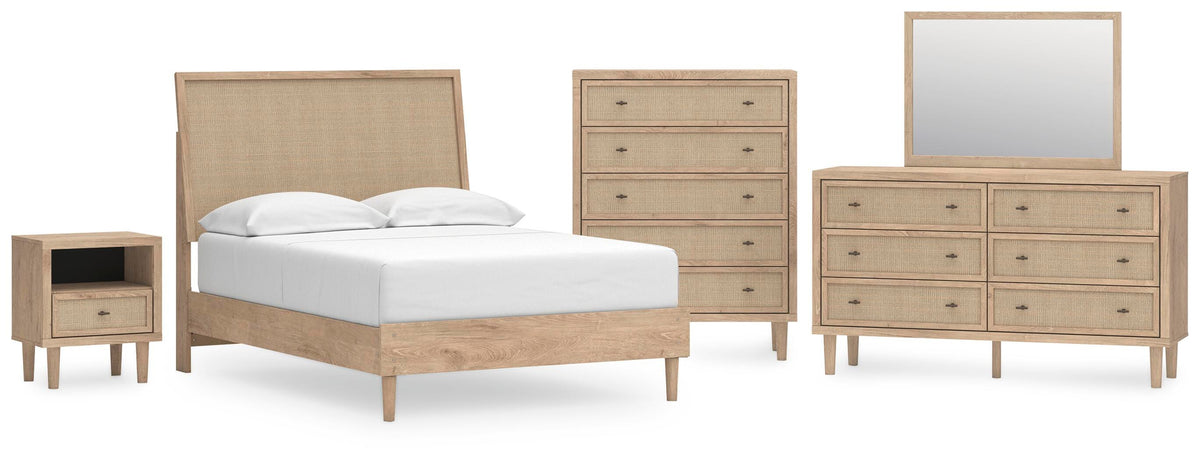 Cielden Panel Bed Set - Full, Mirrored Dresser, Chest and Nightstand