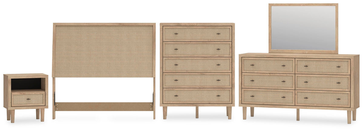 Cielden Upholstered Panel Bed Set - Mirrored Dresser, Chest and Nightstand