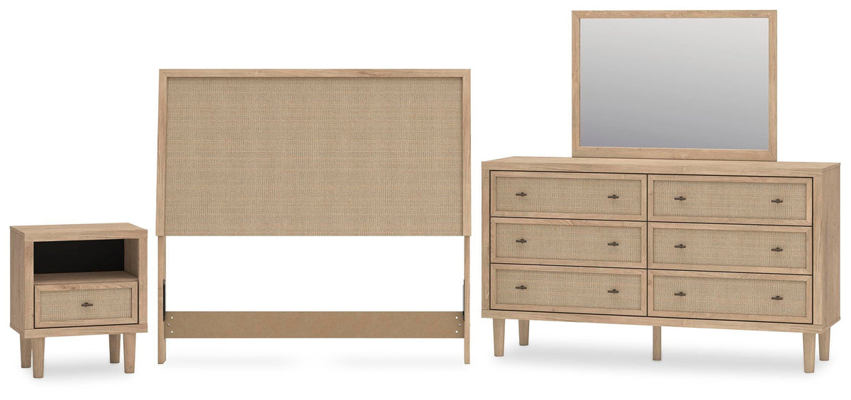 Cielden Upholstered Panel Bed Set - Mirrored Dresser and Nightstand