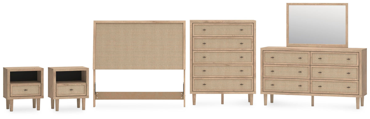 Cielden Upholstered Panel Bed Set - Mirrored Dresser, Chest and 2 Nightstands