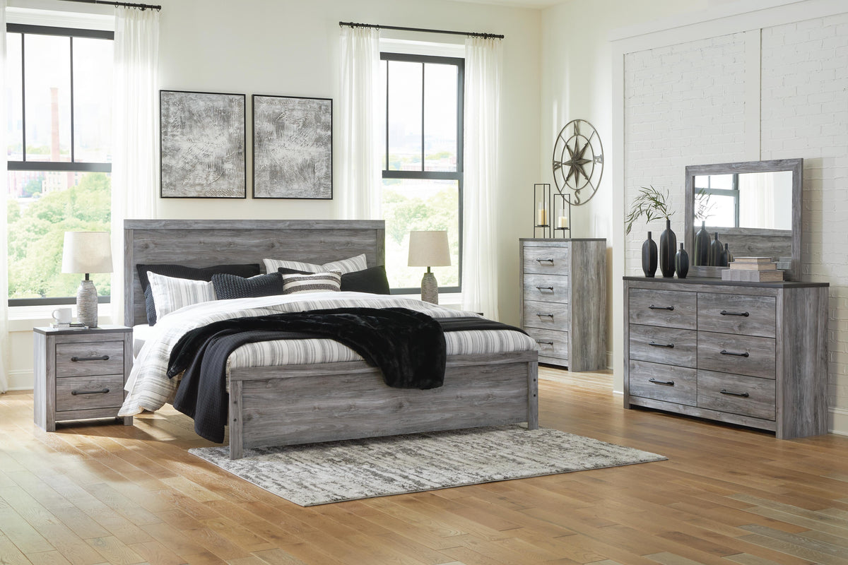 Bronyan Panel Bed Set - King, Mirrored Dresser, Chest and 2 Nightstands