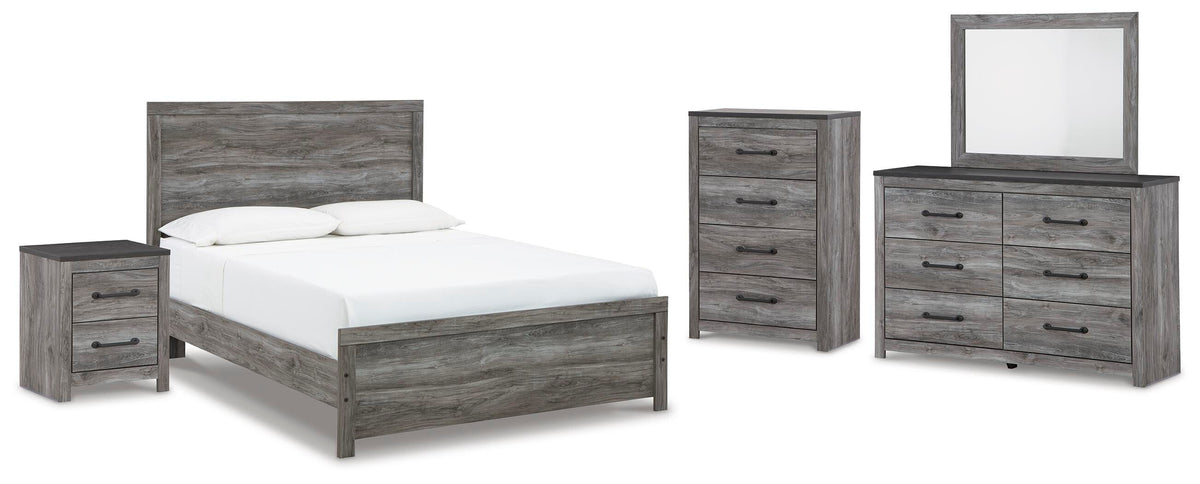 Bronyan Panel Bed Set - Queen, Mirrored Dresser, Chest and Nightstand