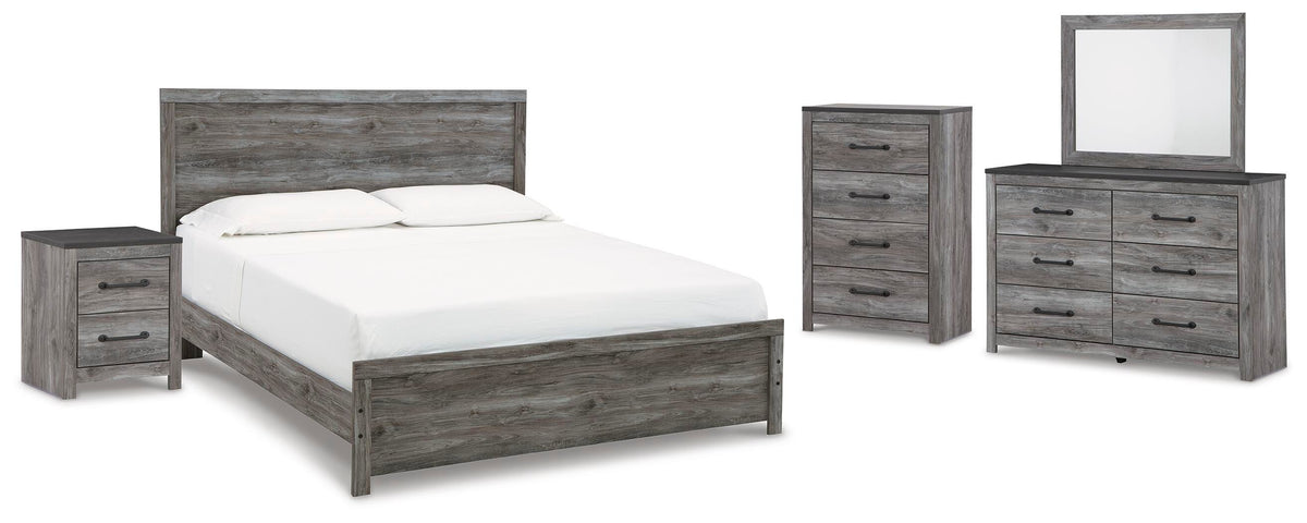 Bronyan Panel Bed Set - King, Mirrored Dresser, Chest and Nightstand