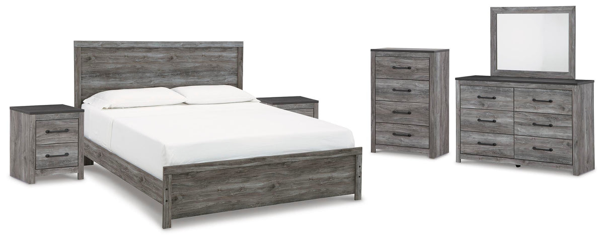 Bronyan Panel Bed Set - King, Mirrored Dresser, Chest and 2 Nightstands