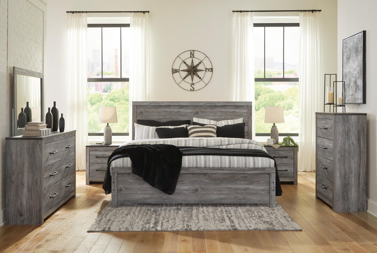 Bronyan Panel Bed Set - King, Mirrored Dresser, Chest and 2 Nightstands