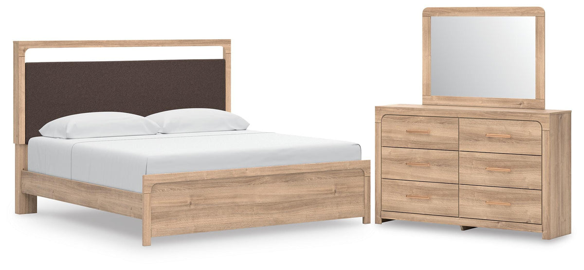 Kinlanni Upholstered Platform Bed Set - King, Dresser and Mirror