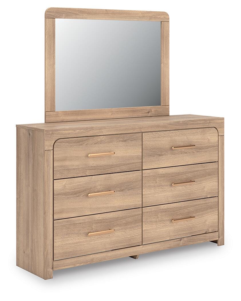 Kinlanni Queen Upholstered Panel Bed, Dresser and Mirror