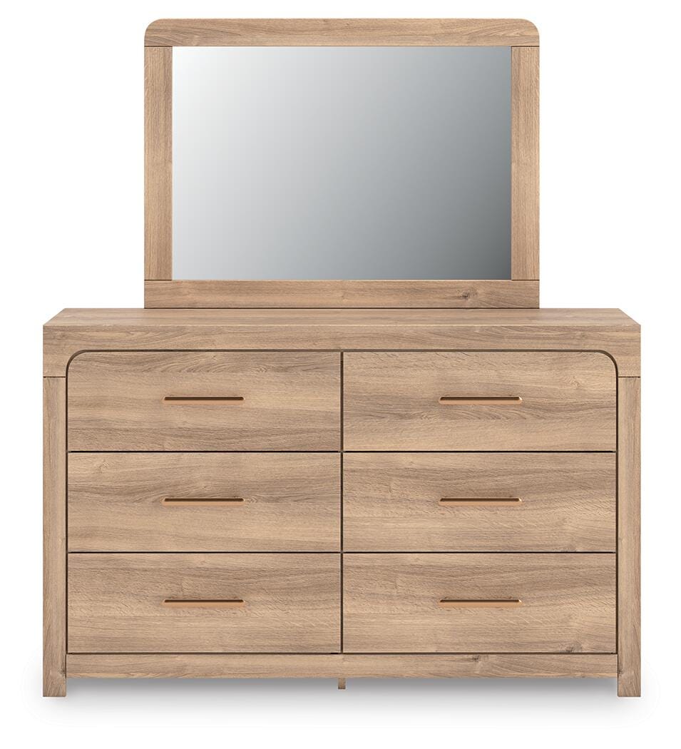 Kinlanni Queen Upholstered Panel Bed, Dresser and Mirror