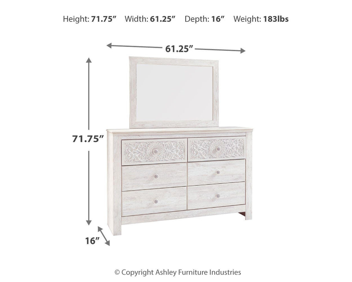 Paxberry Panel Bed Set - Queen, Mirrored Dresser
