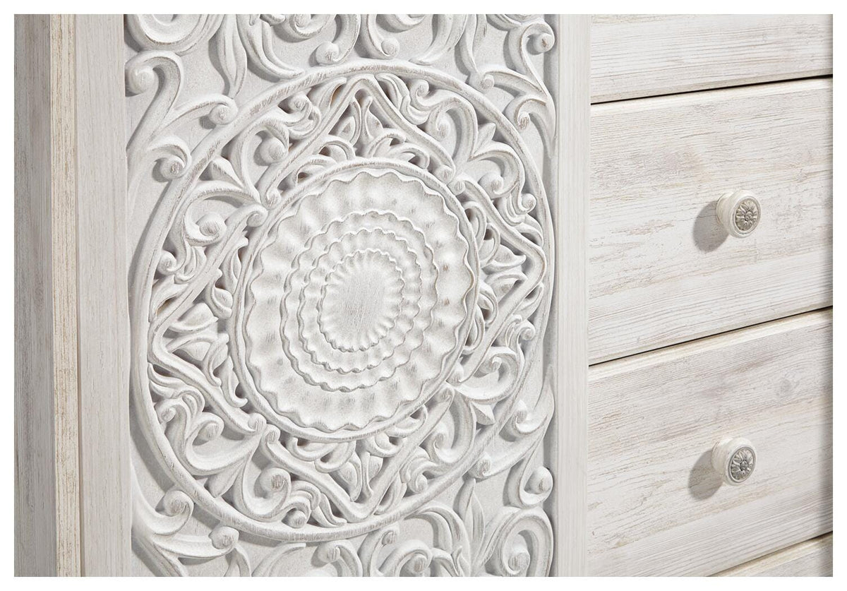 Paxberry Panel Bed Set - Queen, Mirrored Dresser, Chest and 2 Nightstands