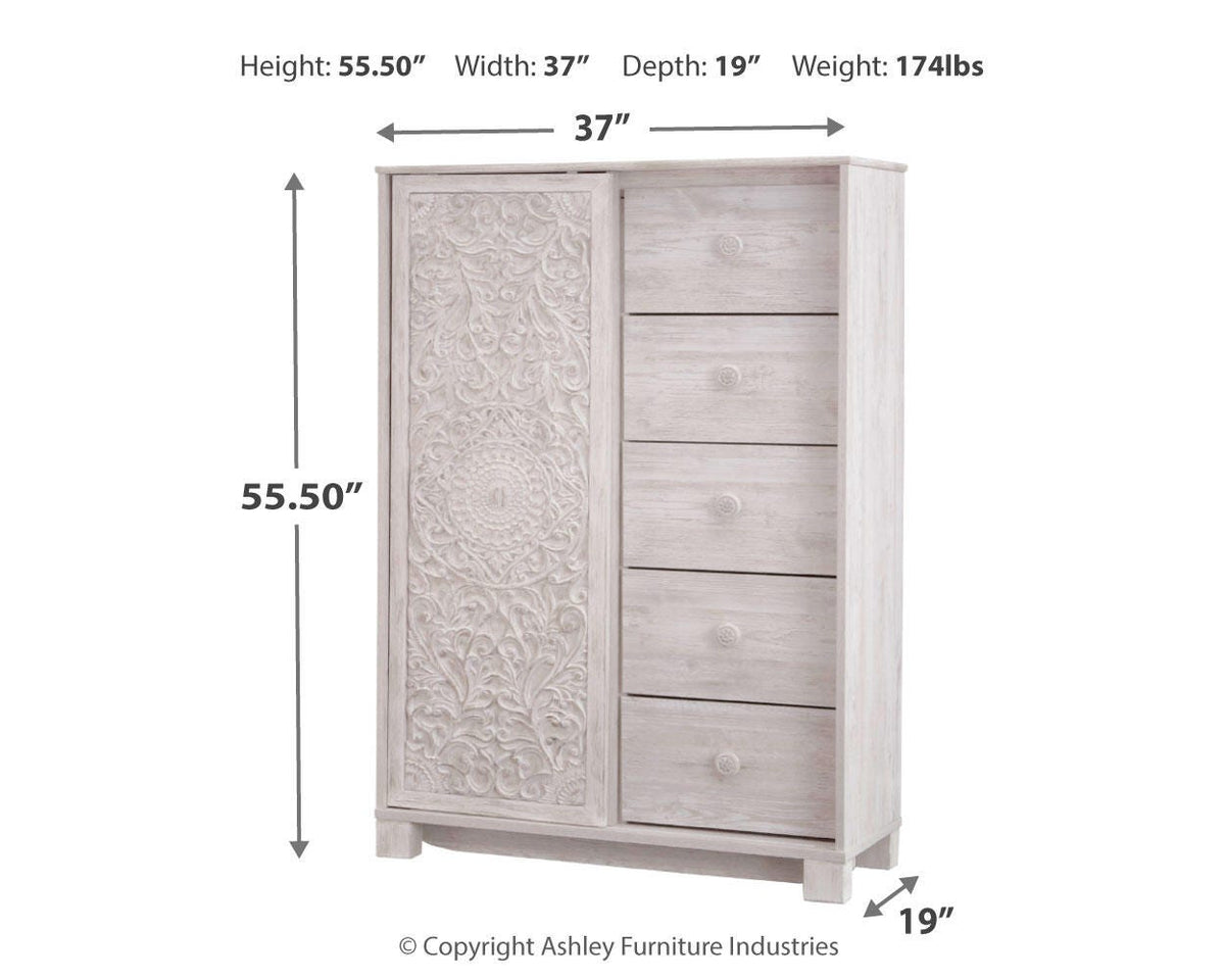 Paxberry Panel Bed Set - Queen, Mirrored Dresser and Chest