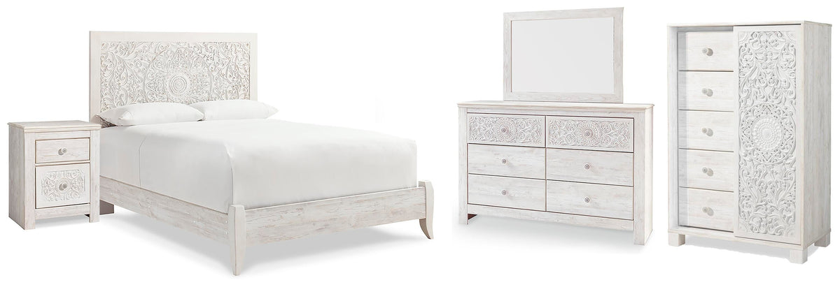Paxberry Panel Bed Set - Queen, Mirrored Dresser, Chest and Nightstand