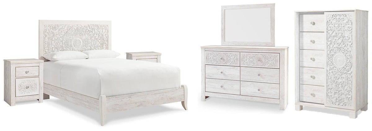 Paxberry Panel Bed Set - Queen, Mirrored Dresser, Chest and 2 Nightstands