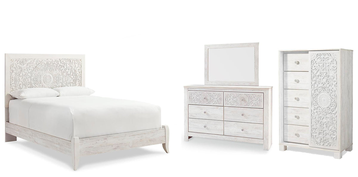 Paxberry Panel Bed Set - Queen, Mirrored Dresser and Chest