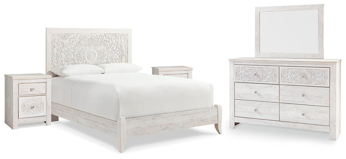 Paxberry Panel Bed Set - Queen, Mirrored Dresser and 2 Nightstands