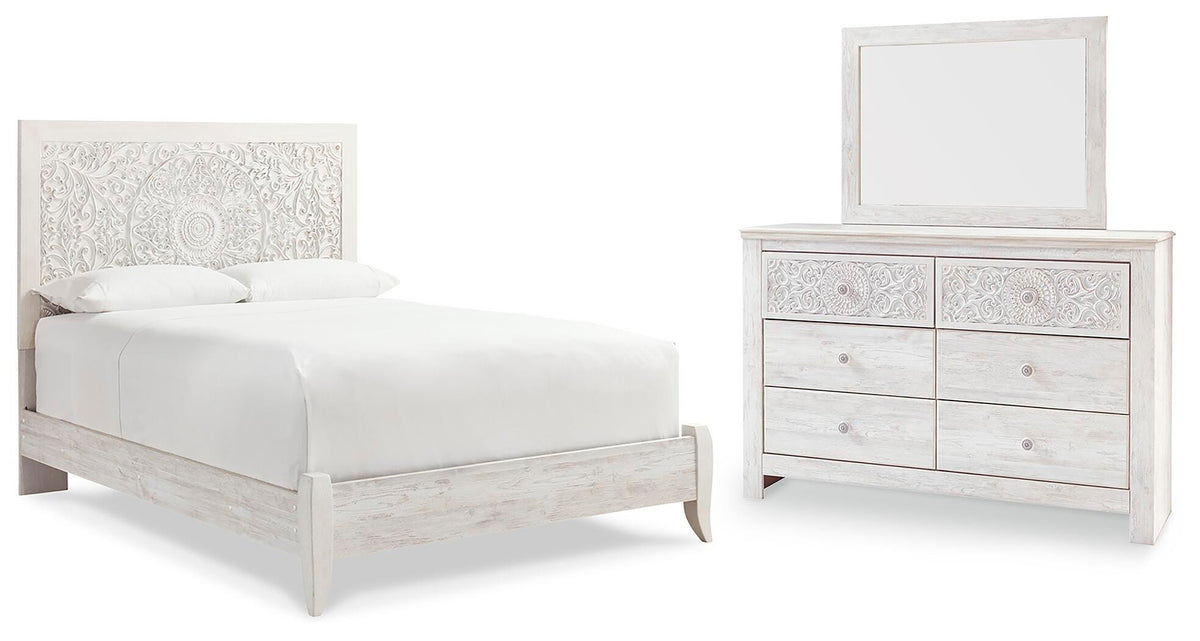 Paxberry Panel Bed Set - Queen, Mirrored Dresser