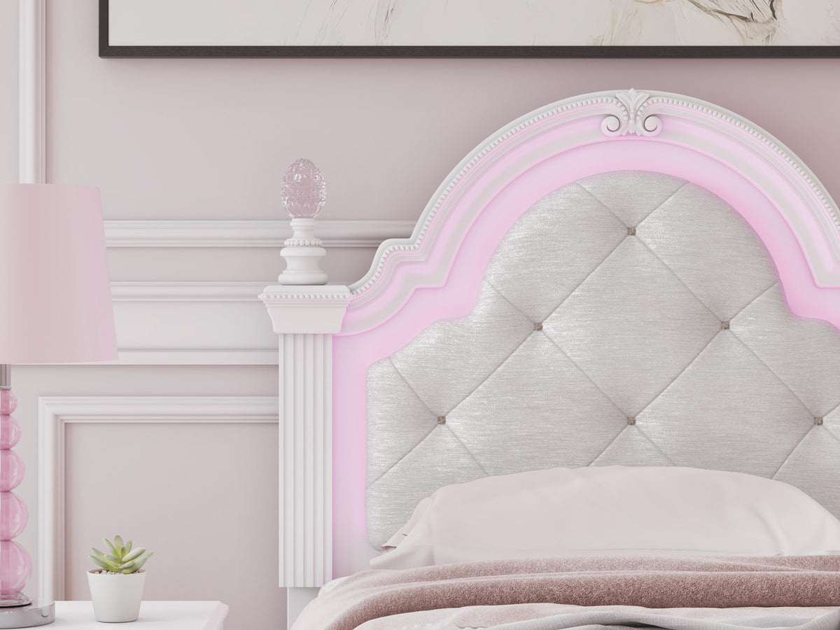 Kozlani Twin Upholstered Panel Bed, Dresser and Mirror