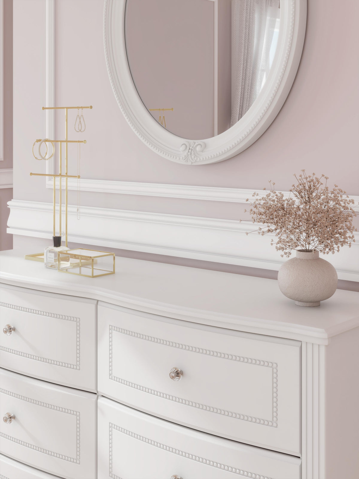 Kozlani Full Upholstered Panel Bed, Dresser and Mirror