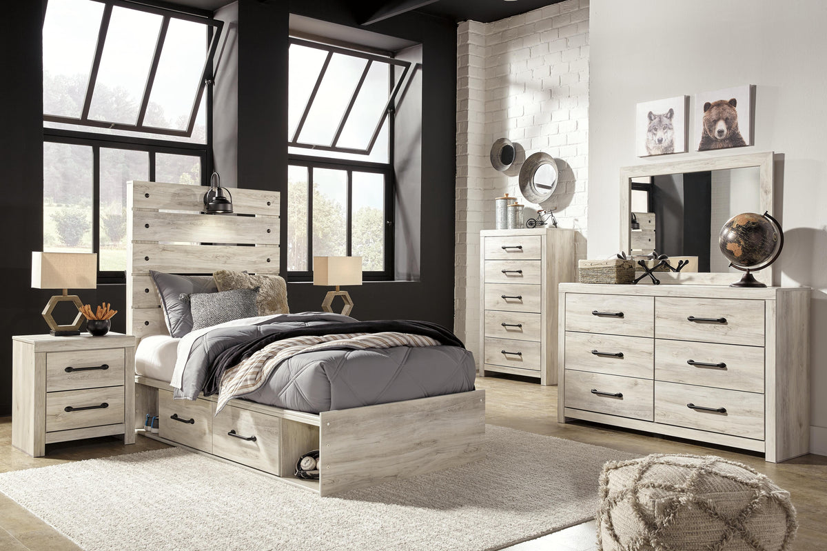 Cambeck Panel Bed with 2 Storage Drawers Set - Twin, Mirrored Dresser, Chest and 2 Nightstands