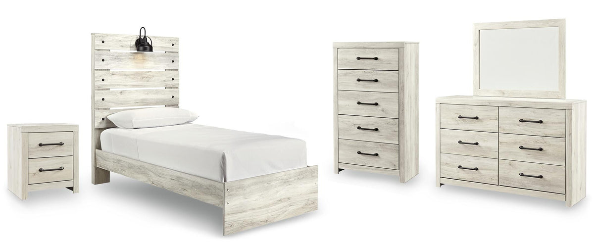 Cambeck Panel Bed Set - Twin, Mirrored Dresser, Chest and Nightstand