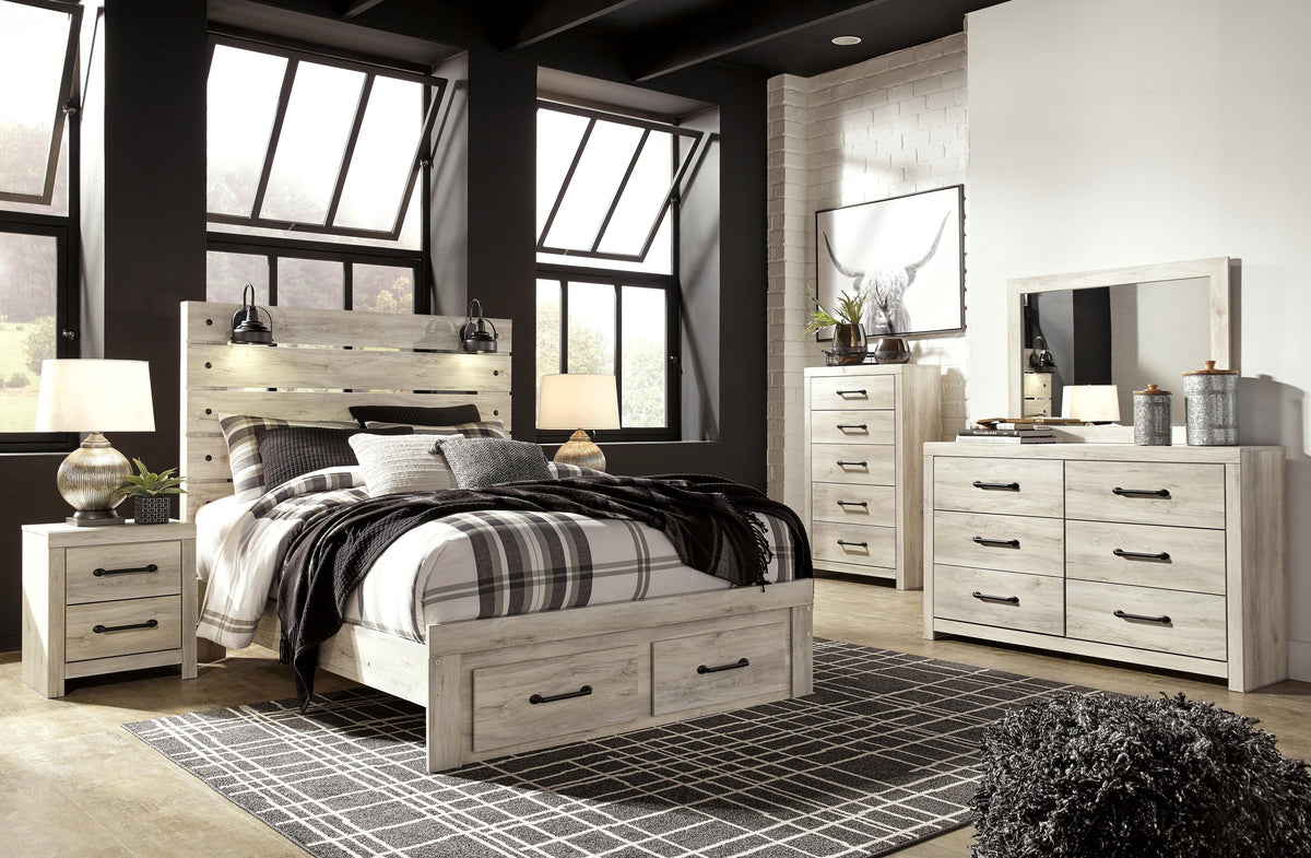 Cambeck Queen Panel Bed with 2 Storage Drawers with Mirrored Dresser, Chest and Nightstand