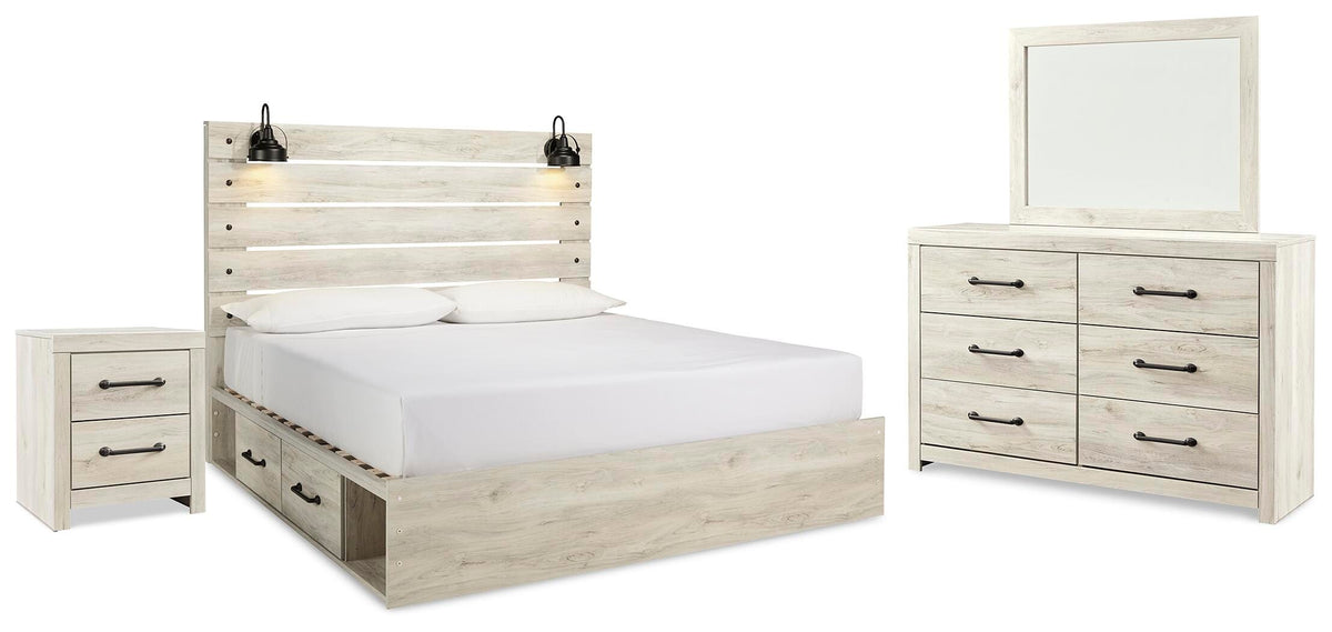 Cambeck Panel Bed with 2 Storage Drawers Set - King, Mirrored Dresser and Nightstand