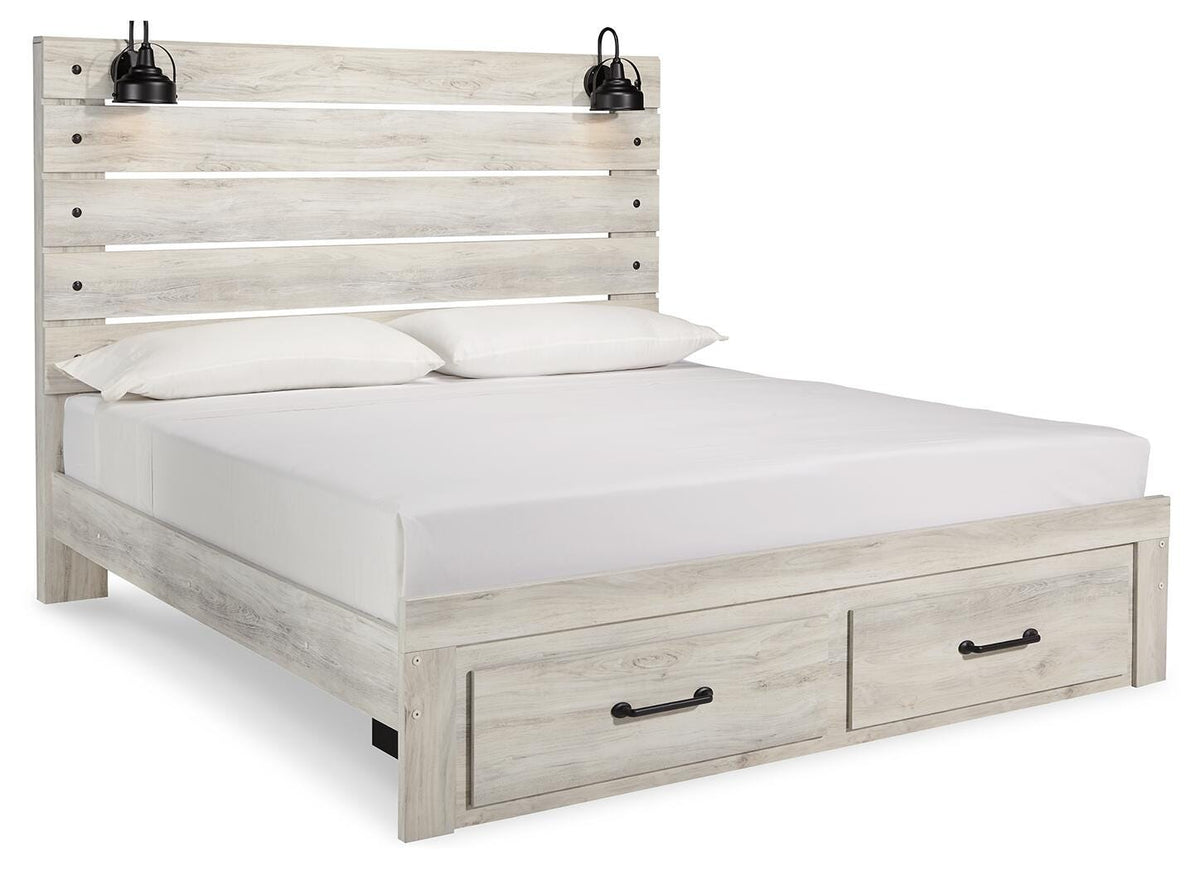 Cambeck King Panel Bed with 2 Storage Drawers with Mirrored Dresser, Chest and 2 Nightstands