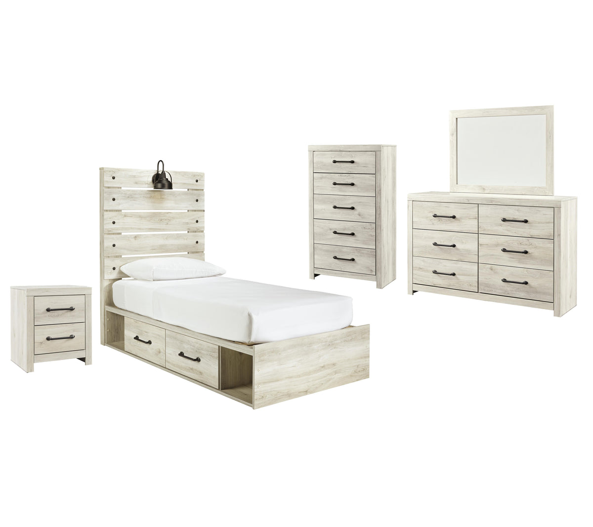 Cambeck Panel Bed with 2 Storage Drawers Set - Twin, Mirrored Dresser, Chest and Nightstand