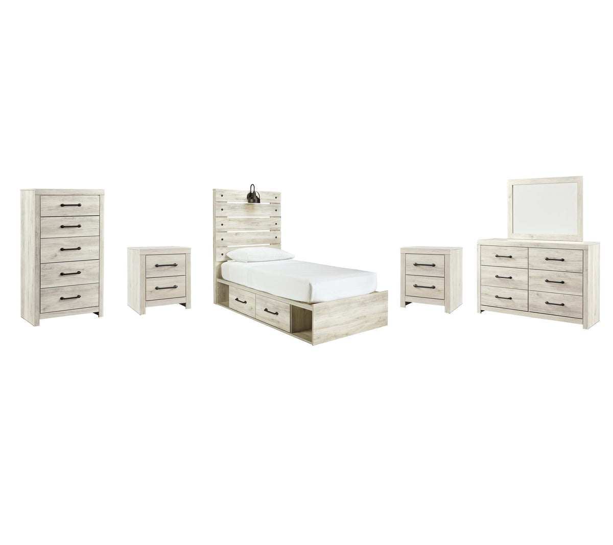 Cambeck Panel Bed with 2 Storage Drawers Set - Twin, Mirrored Dresser, Chest and 2 Nightstands