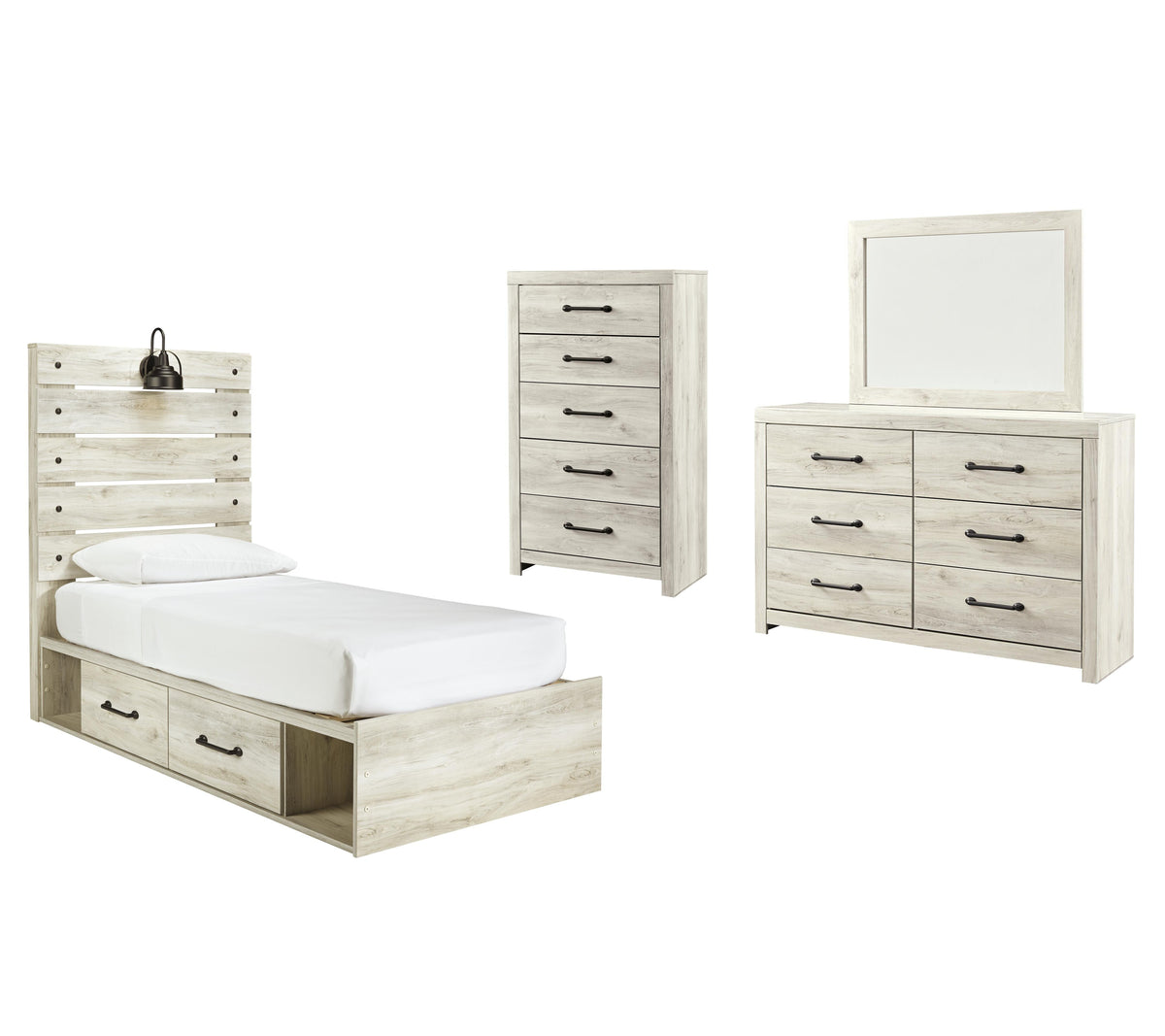 Cambeck Panel Bed with 2 Storage Drawers Set - Twin, Mirrored Dresser and Chest