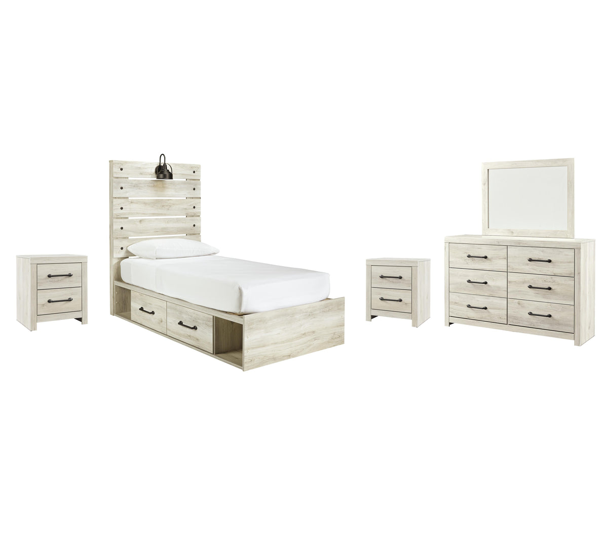 Cambeck Panel Bed with 2 Storage Drawers Set - Twin, Mirrored Dresser and 2 Nightstands