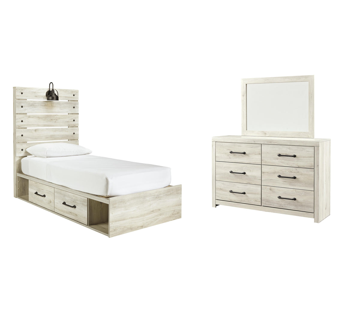 Cambeck Panel Bed with 2 Storage Drawers Set - Twin, Mirrored Dresser
