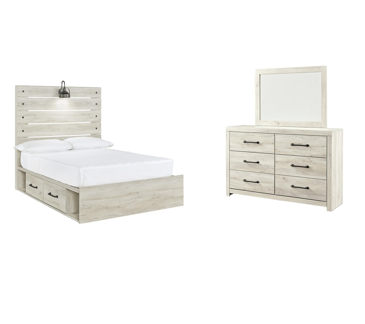 Cambeck Full Panel Bed with 2 Storage Drawers with Mirrored Dresser