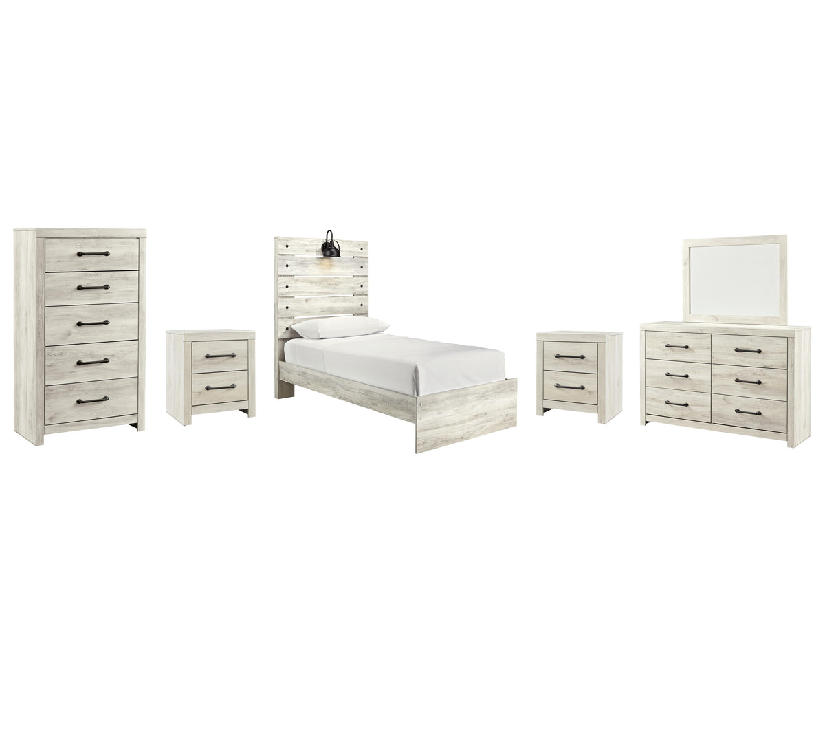 Cambeck Panel Bed Set - Twin, Mirrored Dresser, Chest and 2 Nightstands