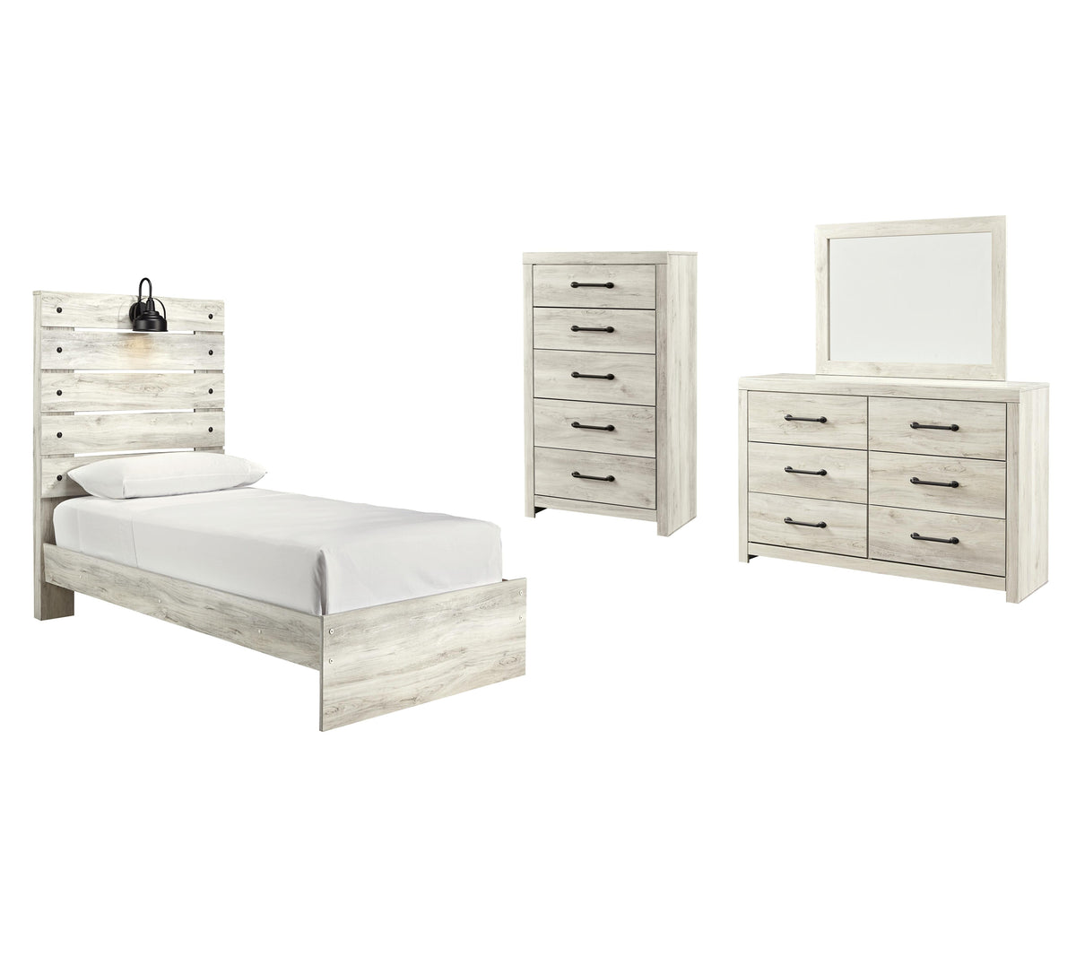Cambeck Panel Bed Set - Twin, Mirrored Dresser and Chest