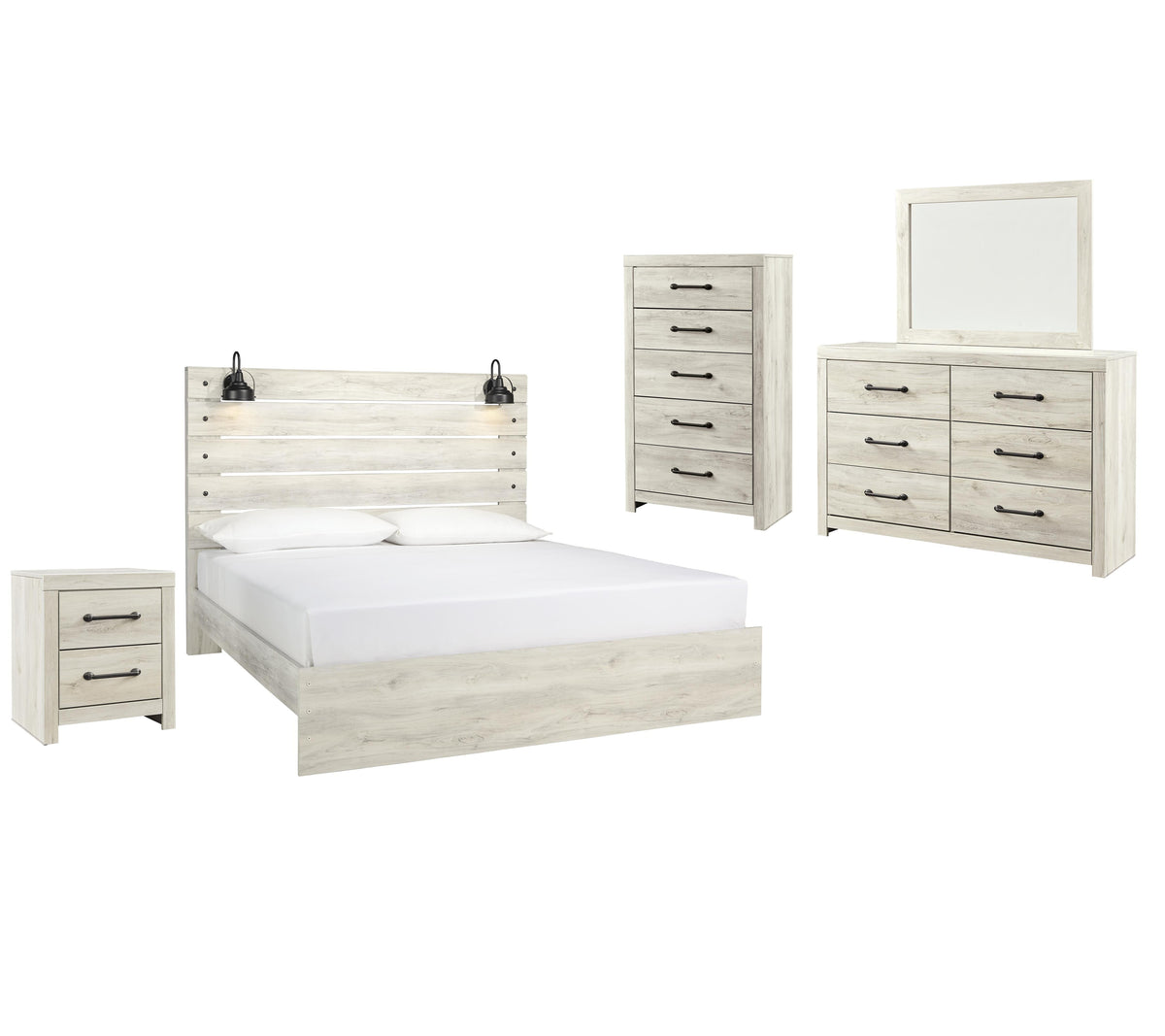 Cambeck Panel Bed Set - King, Mirrored Dresser, Chest and Nightstand