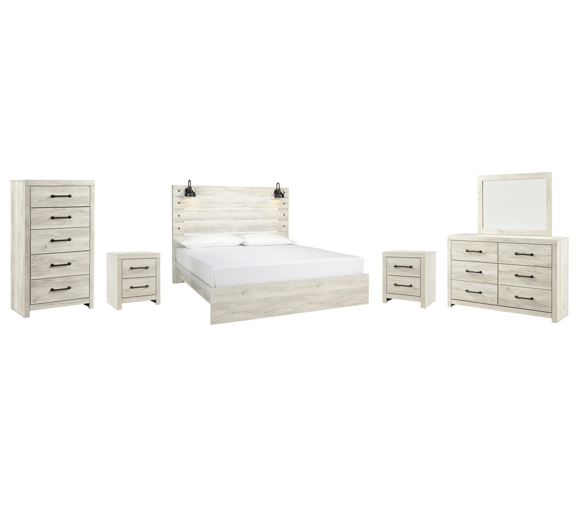 Cambeck Panel Bed Set - King, Mirrored Dresser, Chest and 2 Nightstands