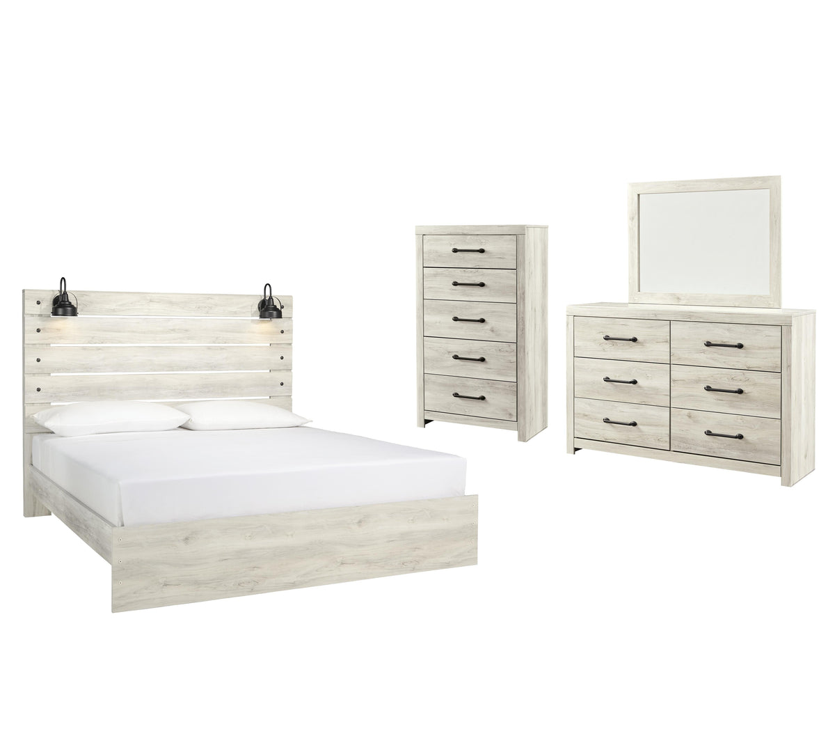 Cambeck Panel Bed Set - King, Mirrored Dresser and Chest